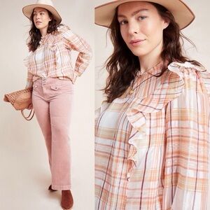 Anthropologie Organza Plaid Ruffle Blouse